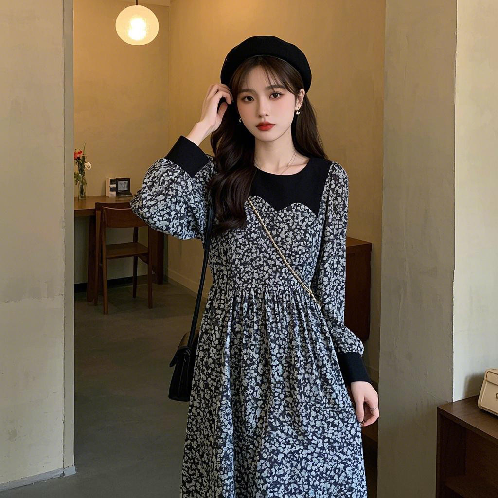 厅里厅气的碎花拼接长袖连衣裙女开春韩系通勤高级感轻熟气质长裙